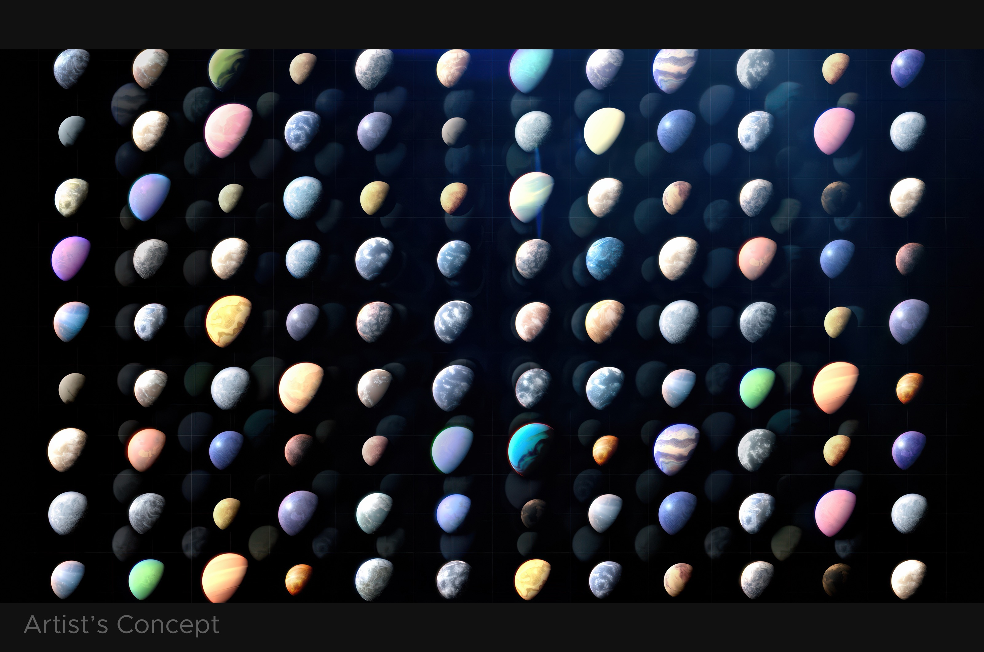 A field of imagined worlds arranged across a dark coordinate grid